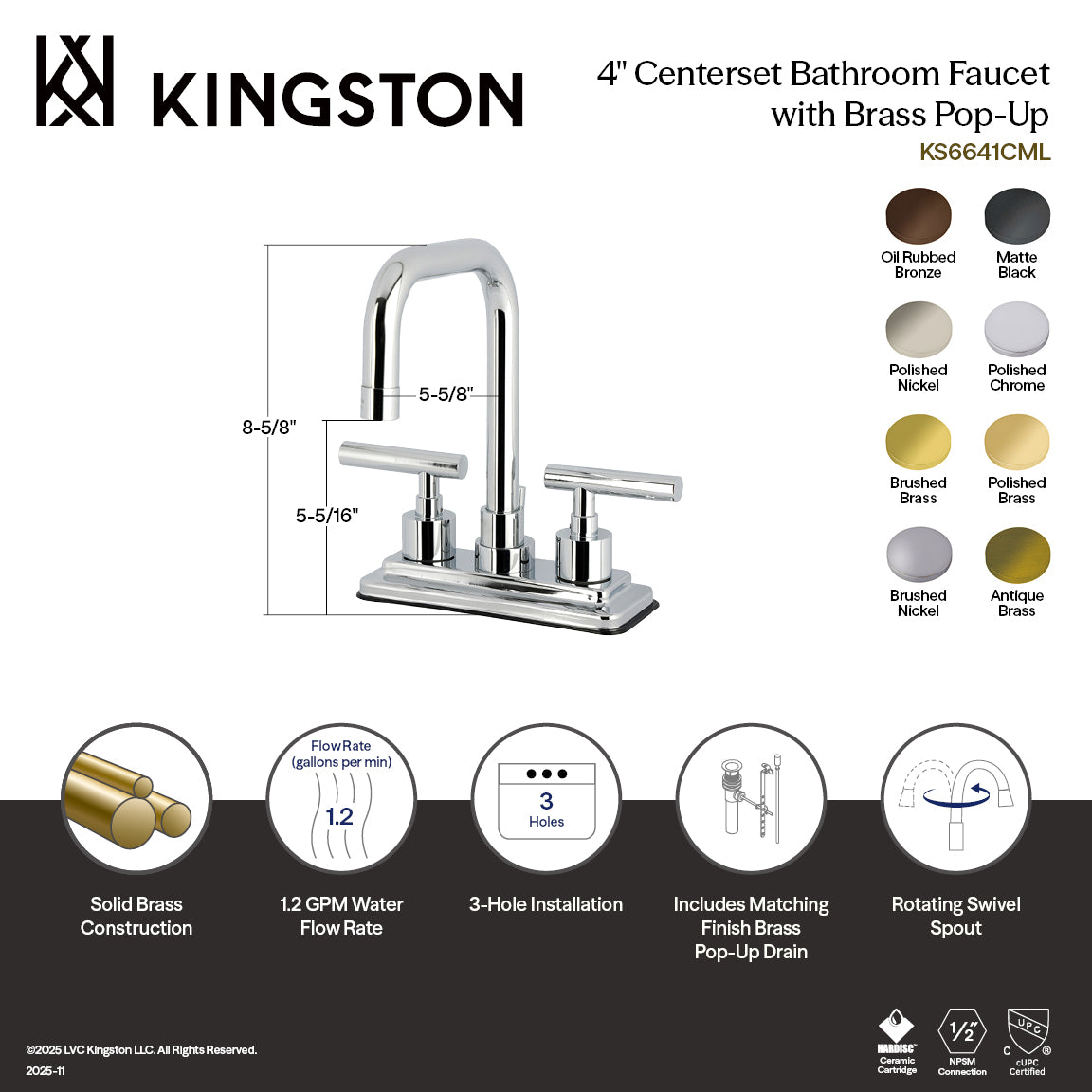 Kingston Sona KS6647CML - Manhattan Double-Handle 3-Hole Deck Mount 4-Inch Centerset Bathroom Faucet with Brass Pop-Up, Brushed Brass — thumbnail 2